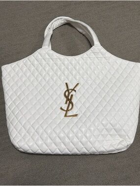 White Quilted Tote with Gold Emblem